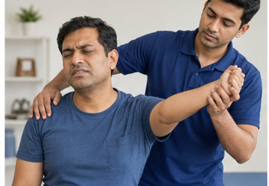 Physiotherapist assessing shoulder mobility