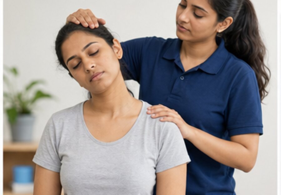 Physiotherapist assessing neck stiffness and posture