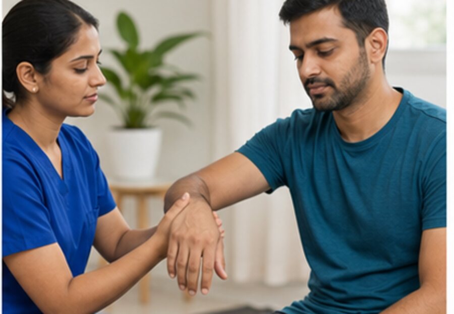 Physiotherapist providing a wrist mobility assessment
