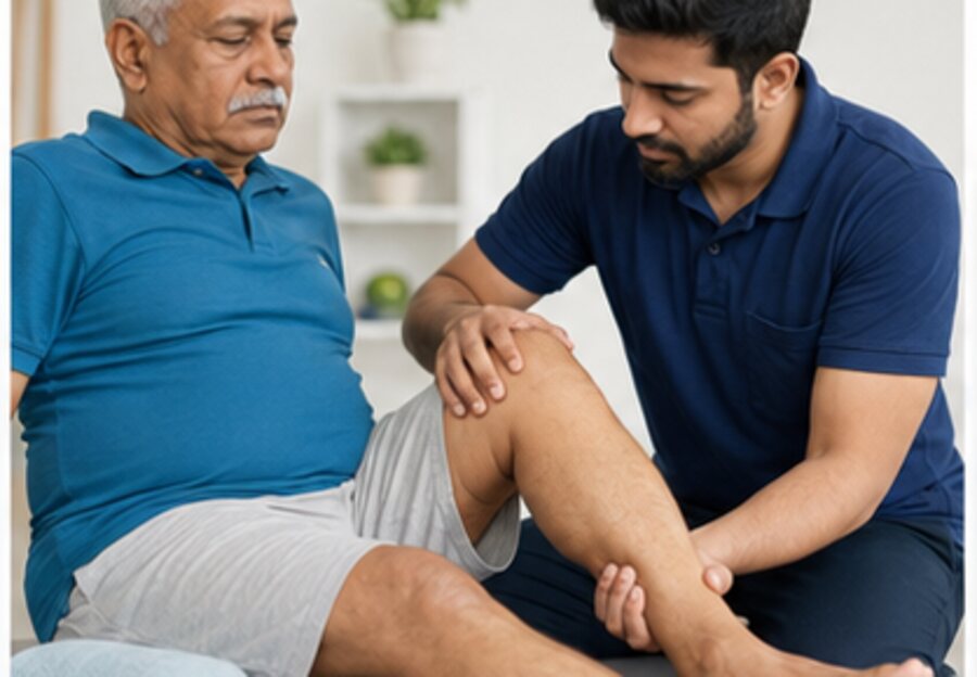 Physiotherapist assessing an older adult's knee