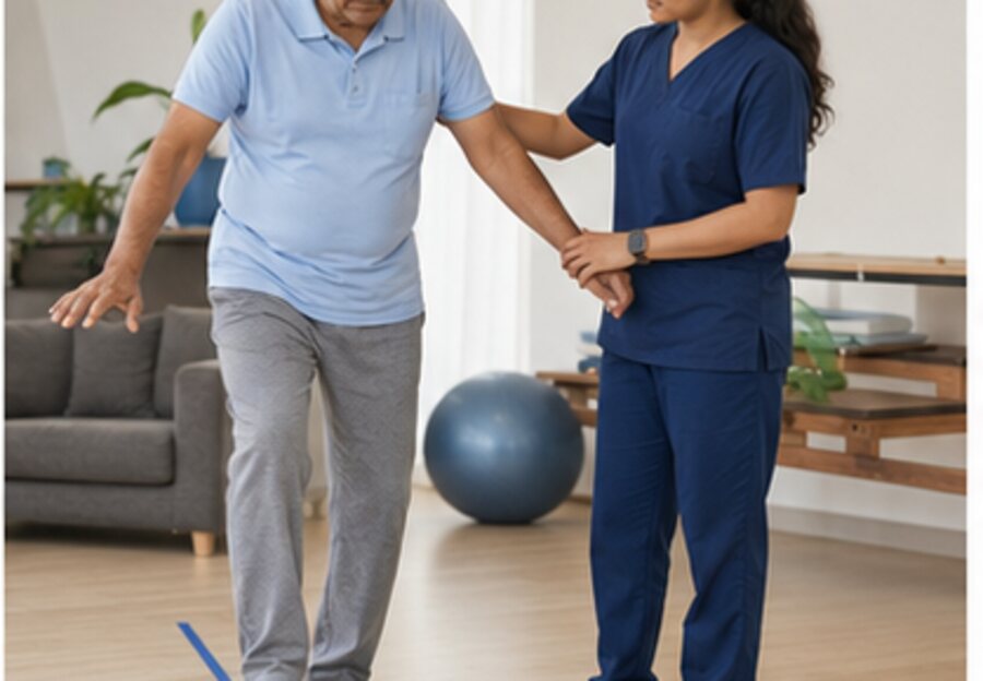 Older adult practising balance with physiotherapist support