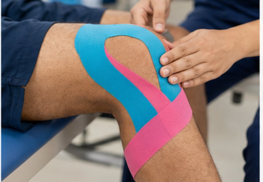 Kinesiology tape professionally applied around the knee