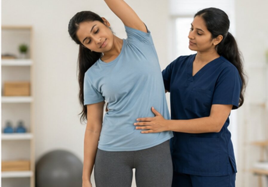 Physiotherapist guiding a full-body standing stretch